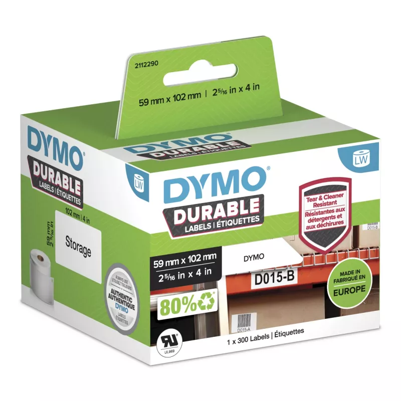 DYMO Original LabelWriter Etiquetas Durable | 59 mm x 102 mm | Polipropileno branco | 300 etiquetas autocolantes | Alto desempenho | Para impressoras de etiquetas LabelWriter