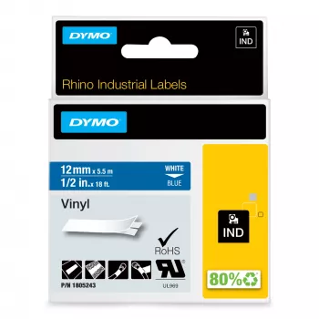 DYMO Rhino Etiquetas de vinil industriais | 12 mm x 5,5 m | Impressão branca sobre azul | Autocolante | para impressoras de etiquetas LabelManager e Rhino