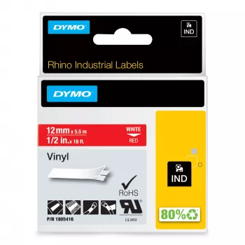 DYMO Rhino Etiquetas de vinil industriais | 12 mm x 5,5 m | Impressão branca sobre vermelho | Autocolante | para impressoras de etiquetas LabelManager e Rhino