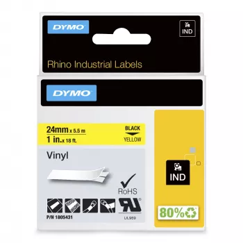 DYMO Rhino Etiquetas de vinil industriais | 24 mm x 5,5 m | Impressão preta sobre amarelo | Autocolante | para impressoras de etiquetas LabelManager e Rhino
