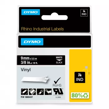 DYMO Rhino Etiquetas de vinil industriais | 9 mm x 5,5 m | Impressão branca sobre preto | Autocolante | para impressoras de etiquetas LabelManager e Rhino