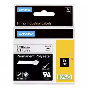 DYMO Rhino Etiquetas de poliéster permanentes industriais | 6 mm x 5,5 m | Impressão preta sobre branco | Autocolante | para impressoras de etiquetas Rhino e LabelManager