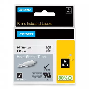 DYMO Rhino Rolos de etiquetas termorretráteis para cabos industriais | 24 mm x 1,5 m | Impressão preta sobre branco | Autocolante | para impressoras de etiquetas Rhino