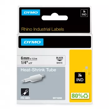 Tubos de etiquetas DYMO Rhino Industrial Heat-Shrink para cabos | 6 mm x 1,5 m | Impressão preta sobre branco | para etiquetadoras Rhino