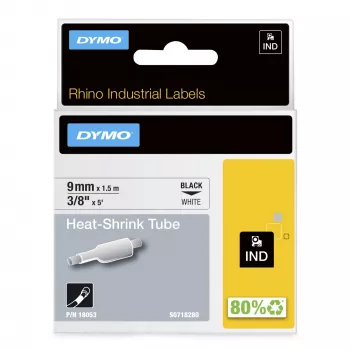 Tubos de etiquetas termorretráteis DYMO Rhino Industrial para cabos | 9 mm x 1,5 m | Impressão preta sobre branco | para impressoras de etiquetas Rhino