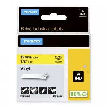 Etiquetas de vinil DYMO Rhino Industrial | 12 mm x 5,5 m | Impressão preta sobre amarelo | Autoadesivas | para impressoras de etiquetas Rhino e LabelManager
