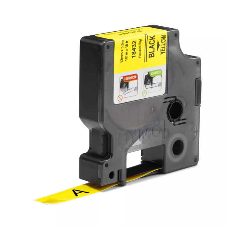 Etiquetas de vinil DYMO Rhino Industrial | 12 mm x 5,5 m | Impressão preta sobre amarelo | Autoadesivas | para impressoras de etiquetas Rhino e LabelManager