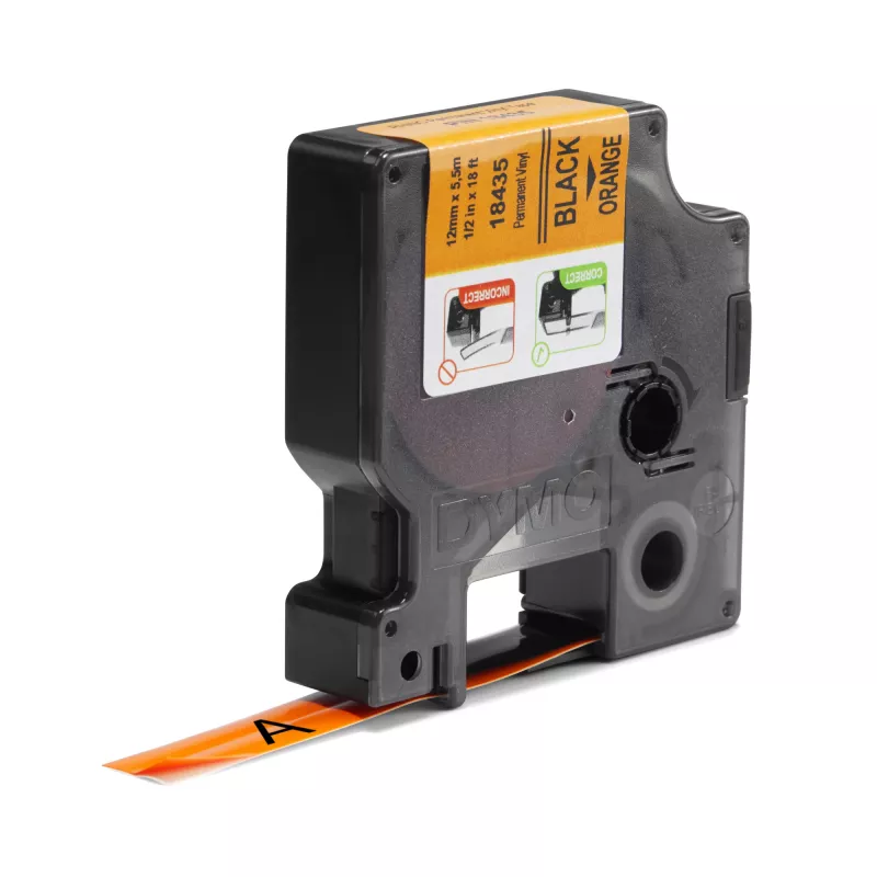 Etiquetas de vinil DYMO Rhino Industrial | 12 mm x 5,5 m | Impressão preta sobre laranja | Autoadesivas | para impressoras de etiquetas Rhino e LabelManager