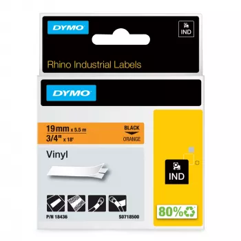 Etiquetas de vinil DYMO Rhino Industrial | 19 mm x 5,5 m | Impressão preta sobre laranja | Autoadesivas | para impressoras de etiquetas Rhino e LabelManager