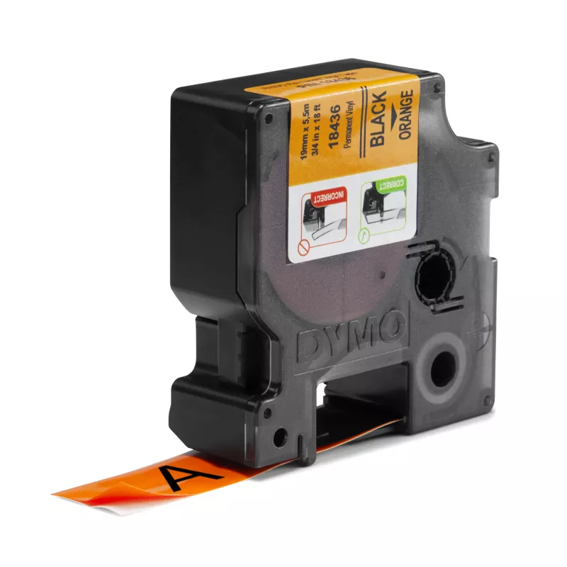Etiquetas de vinil DYMO Rhino Industrial | 19 mm x 5,5 m | Impressão preta sobre laranja | Autoadesivas | para impressoras de etiquetas Rhino e LabelManager