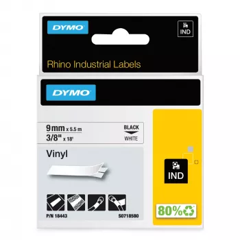 Etiquetas de vinil DYMO Rhino Industrial | 9 mm x 5,5 m | Impressão preta sobre branco | Autoadesivas | para impressoras de etiquetas Rhino e LabelManager