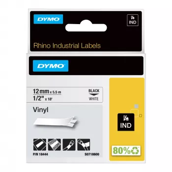 Etiquetas de vinil DYMO Rhino Industrial | 12 mm x 5,5 m | Impressão preta sobre branco | Autoadesivas | para impressoras de etiquetas Rhino e LabelManager