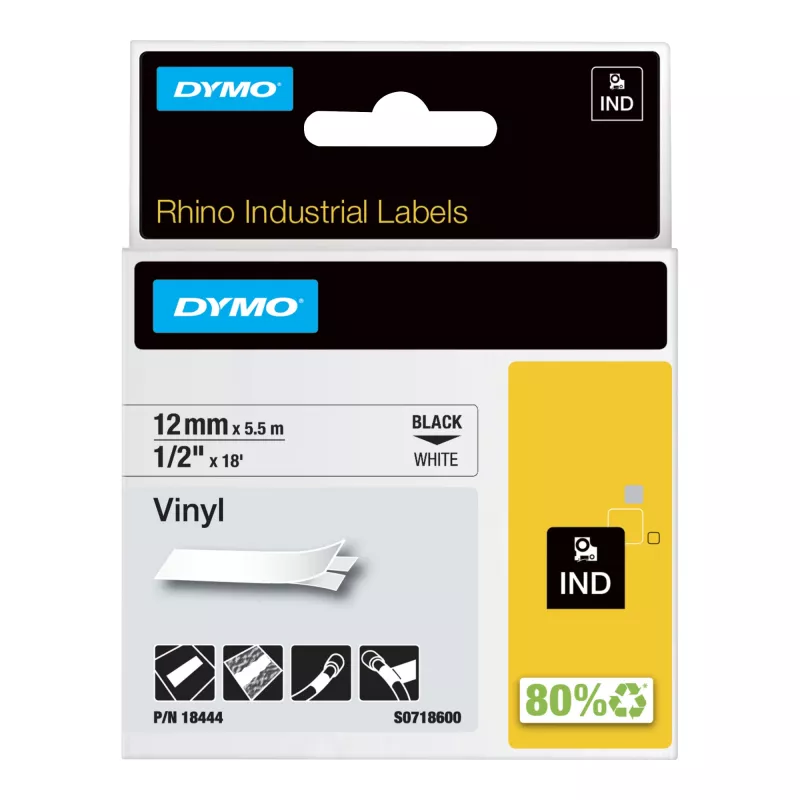 Etiquetas de vinil DYMO Rhino Industrial | 12 mm x 5,5 m | Impressão preta sobre branco | Autoadesivas | para impressoras de etiquetas Rhino e LabelManager