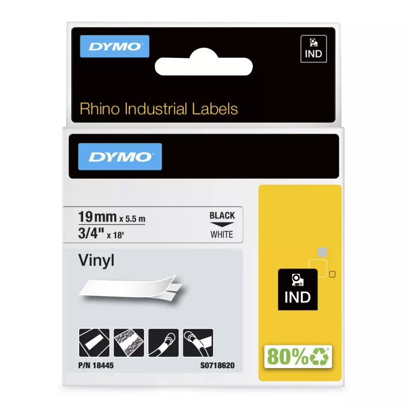 Etiquetas de vinil DYMO Rhino Industrial | 19 mm x 5,5 m | Impressão preta sobre branco | Autoadesivas | para impressoras de etiquetas Rhino e LabelManager