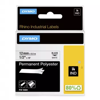 Etiquetas DYMO Rhino Industrial de poliéster permanente | 12 mm x 5,5 m | Impressão preta sobre branco | Autoadesivas | para impressoras de etiquetas Rhino e LabelManager