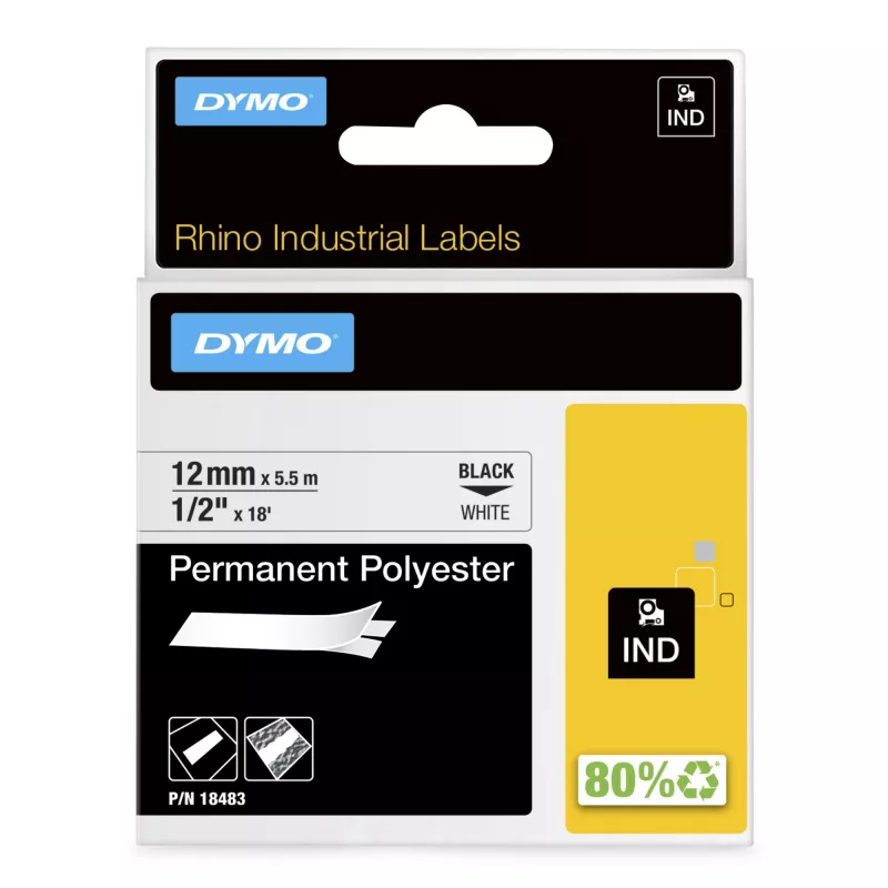 Etiquetas DYMO Rhino Industrial de poliéster permanente | 12 mm x 5,5 m | Impressão preta sobre branco | Autoadesivas | para impressoras de etiquetas Rhino e LabelManager