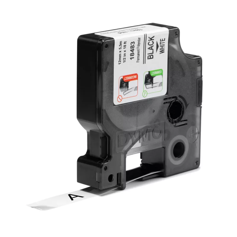 Etiquetas DYMO Rhino Industrial de poliéster permanente | 12 mm x 5,5 m | Impressão preta sobre branco | Autoadesivas | para impressoras de etiquetas Rhino e LabelManager