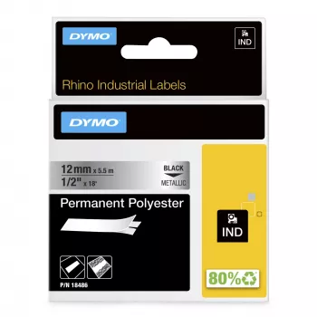 Etiquetas DYMO Rhino Industrial de poliéster permanente | 12 mm x 5,5 m | Impressão preta sobre metálico | para impressoras de etiquetas Rhino e LabelManager