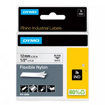 Etiquetas DYMO Rhino Industrial de nylon flexível | 12 mm x 3,5 m | Impressão preta sobre branco | Autoadesivas | para impressoras de etiquetas Rhino e LabelManager