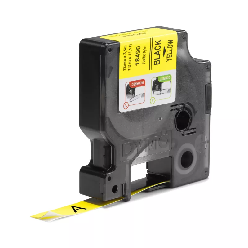 Etiquetas DYMO Rhino Industrial de nylon flexível | 12 mm x 3,5 m | Impressão preta sobre amarelo | Autoadesivas | para impressoras de etiquetas Rhino e LabelManager