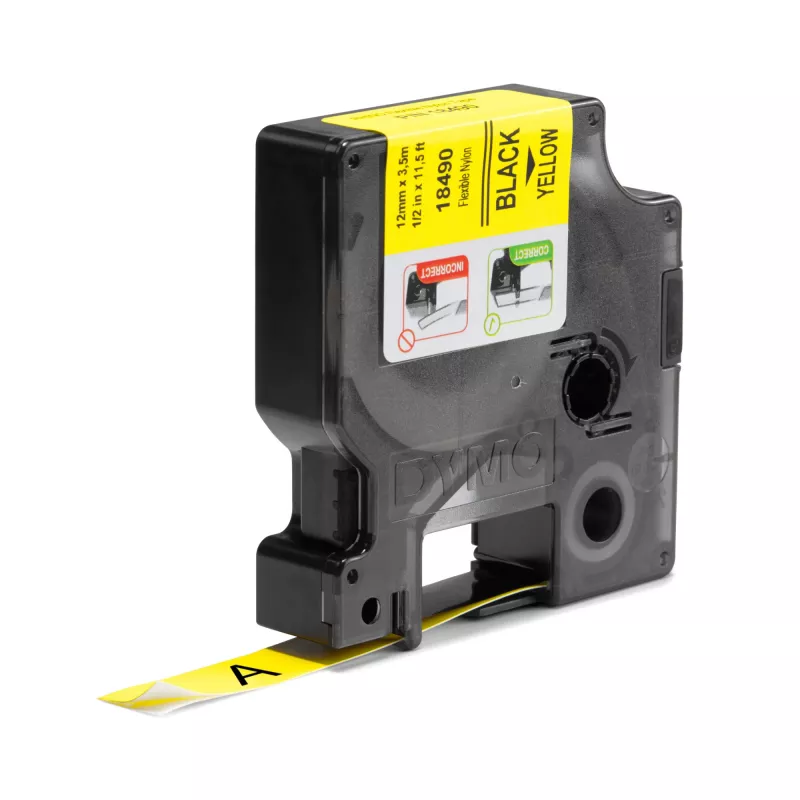 Etiquetas DYMO Rhino Industrial de nylon flexível | 12 mm x 3,5 m | Impressão preta sobre amarelo | Autoadesivas | para impressoras de etiquetas Rhino e LabelManager