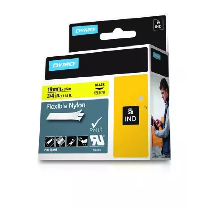 Etiquetas DYMO Rhino Industrial de nylon flexível | 19 mm x 3,5 m | Impressão preta sobre amarelo | Autoadesivas | para impressoras de etiquetas Rhino e LabelManager
