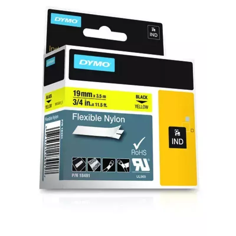 Etiquetas DYMO Rhino Industrial de nylon flexível | 19 mm x 3,5 m | Impressão preta sobre amarelo | Autoadesivas | para impressoras de etiquetas Rhino e LabelManager
