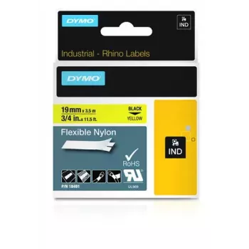 Etiquetas DYMO Rhino Industrial de nylon flexível | 19 mm x 3,5 m | Impressão preta sobre amarelo | Autoadesivas | para impressoras de etiquetas Rhino e LabelManager