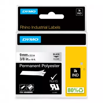 Etiquetas DYMO Rhino Industrial de poliéster permanente | 9 mm x 5,5 m | Impressão preta sobre transparente | Autoadesivas | para impressoras de etiquetas LabelManager e Rhino