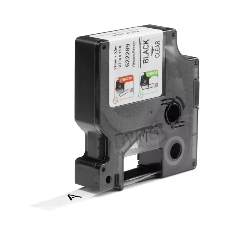 Etiquetas DYMO Rhino Industrial de poliéster permanente | 12 mm x 5,5 m | Impressão preta sobre transparente | Autoadesivas | para etiquetadoras LabelManager e Rhino