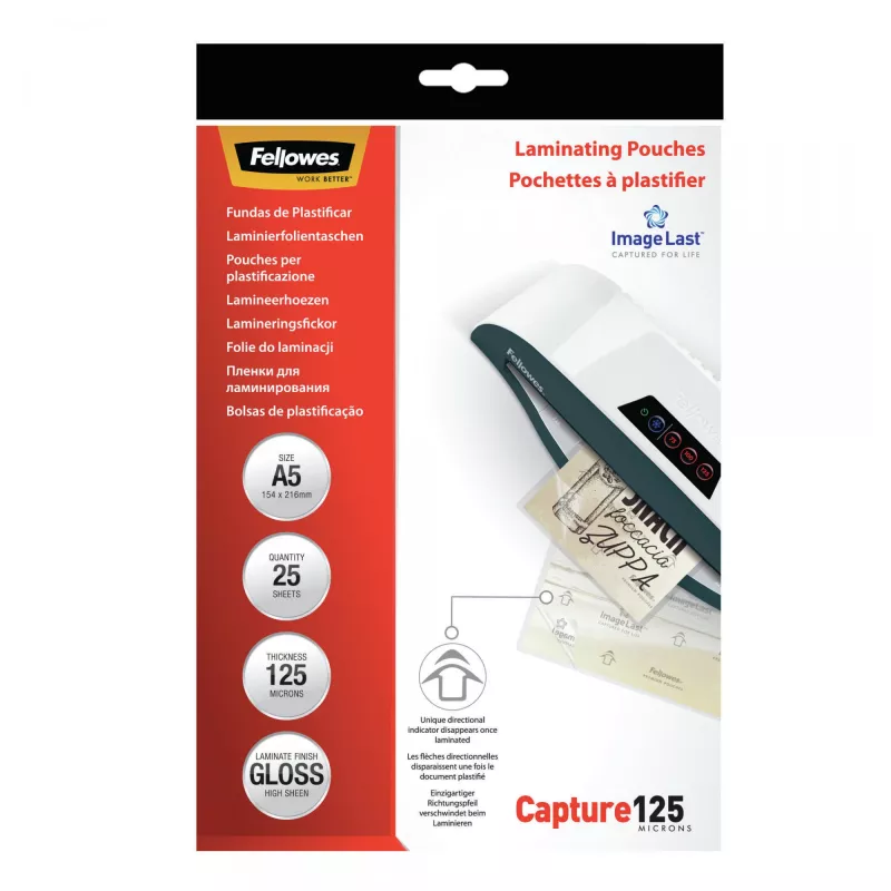 Fellowes ImageLast A5 125 Micron Películas de plastificação – pack de 25, brilhante, transparente, A5, 0,125 mm, 218 mm, 1 mm