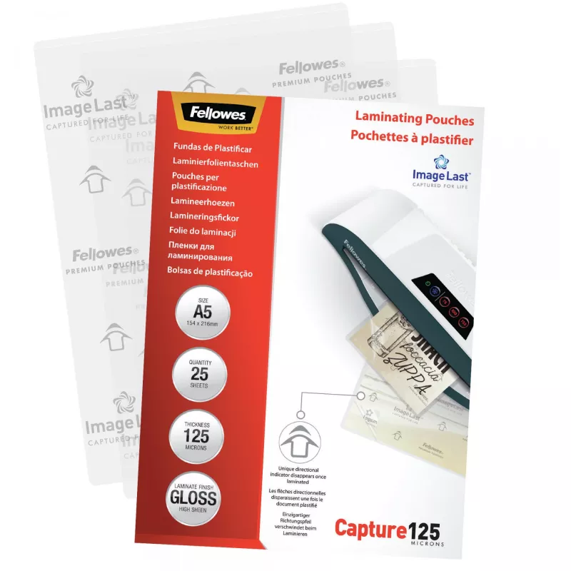 Fellowes ImageLast A5 125 Micron Películas de plastificação – pack de 25, brilhante, transparente, A5, 0,125 mm, 218 mm, 1 mm