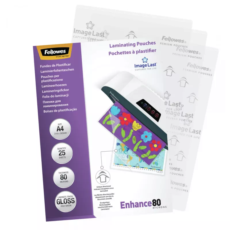 Fellowes ImageLast A4 80 Micron Películas de plastificação – pack de 25, brilhante, transparente, A4, 0,08 mm, 210 mm, 1 mm