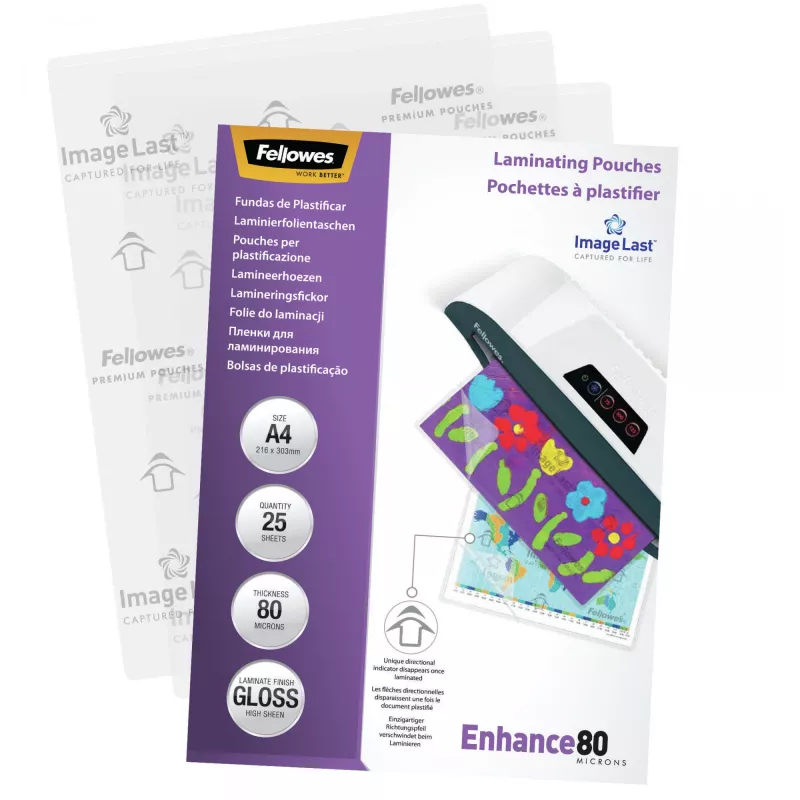 Fellowes ImageLast A4 80 Micron Películas de plastificação – pack de 25, brilhante, transparente, A4, 0,08 mm, 210 mm, 1 mm
