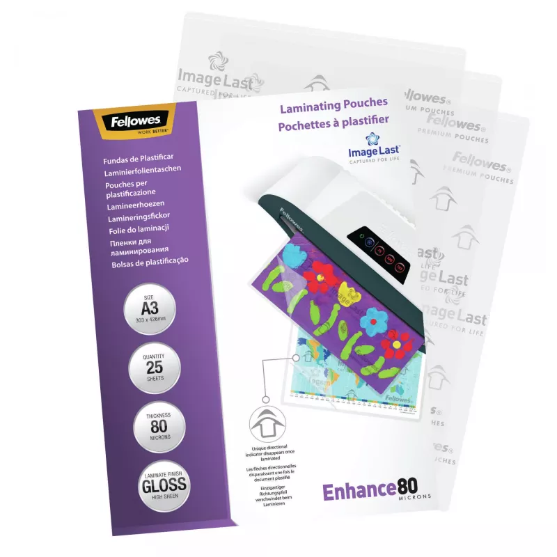 Fellowes ImageLast A3 80 Micron Película de plastificação - pack de 25, brilhante, transparente, A3, 0,08 mm, 430 mm, 1 mm