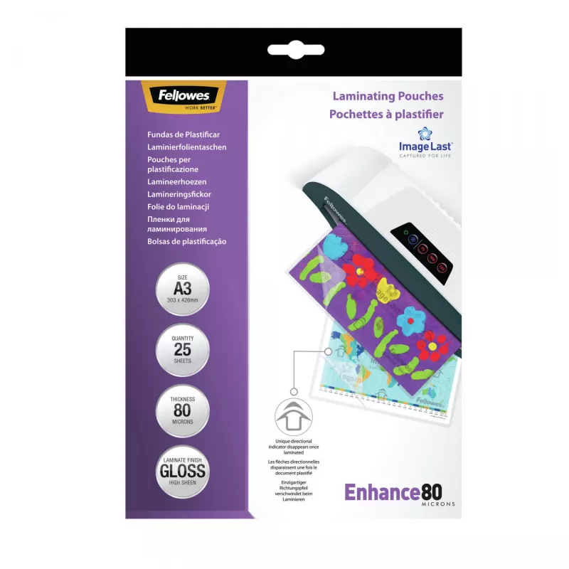 Fellowes ImageLast A3 80 Micron Película de plastificação - pack de 25, brilhante, transparente, A3, 0,08 mm, 430 mm, 1 mm