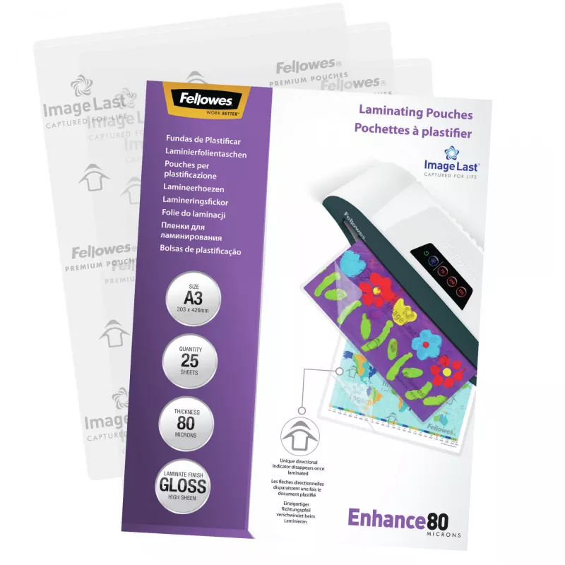 Fellowes ImageLast A3 80 Micron Película de plastificação - pack de 25, brilhante, transparente, A3, 0,08 mm, 430 mm, 1 mm
