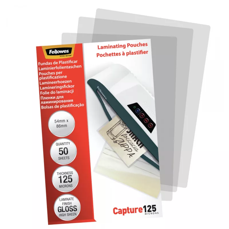 Fellowes Glossy 125 Micron Bolsas de plastificação de cartões - 54x86mm, brilhante, transparente, 0,125 mm, 86 mm, 1 mm, 54 mm