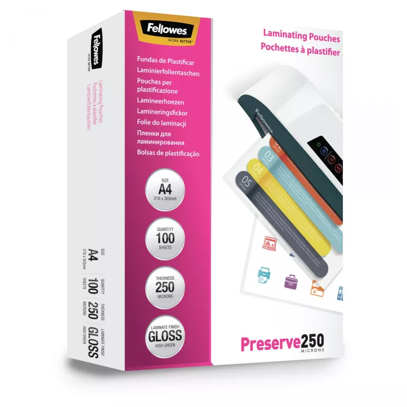 Fellowes A4 Glossy 250 Micron Películas de plastificação – pack de 100, Brilhante, Transparente, A4, 0,25 mm, 210 mm, 1 mm