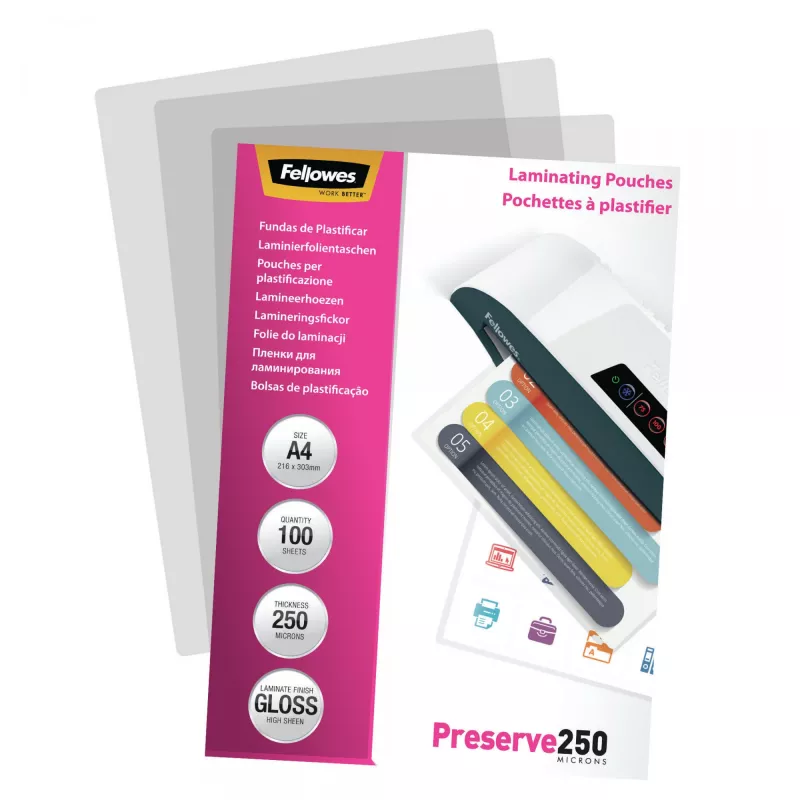 Fellowes A4 Glossy 250 Micron Películas de plastificação – pack de 100, Brilhante, Transparente, A4, 0,25 mm, 210 mm, 1 mm