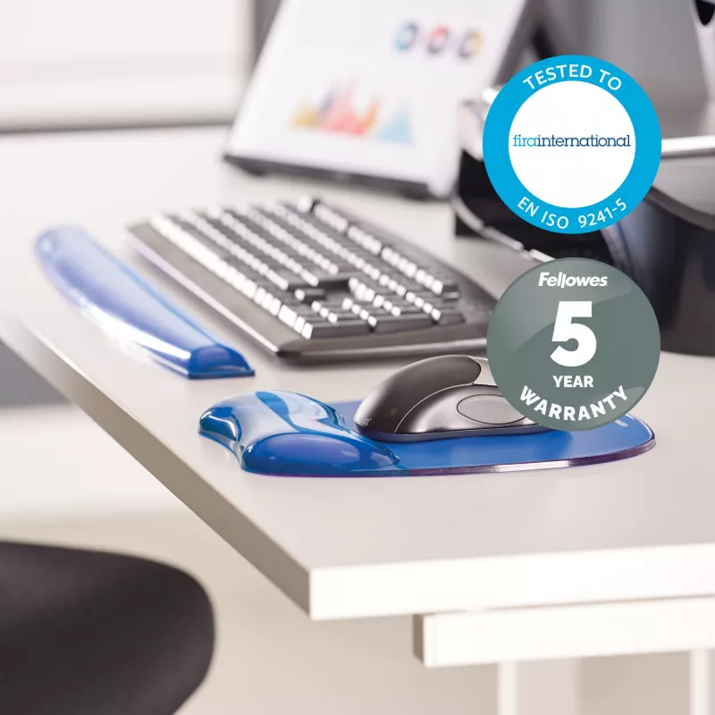 Fellowes Tapete de rato com apoio de pulso - Tapete de rato Crystals Gel com base de borracha antiderrapante - Tapete de rato ergonómico para computador, portátil, escritório em casa – Compatível com ratos laser e óticos – Azul