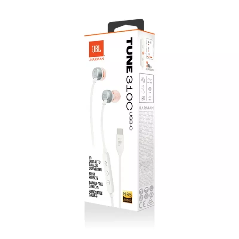 Headset JBL Tune 310C com fios in-ear para chamadas/música USB Type-C branco