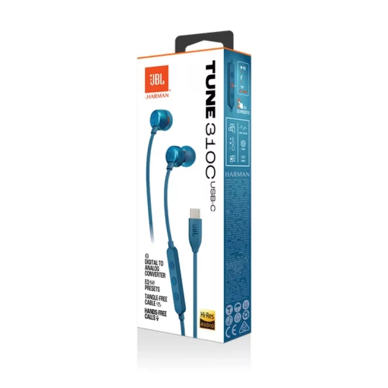 Headset USB JBL Tune 310C com fios in-ear para chamadas/música USB Type-C azul