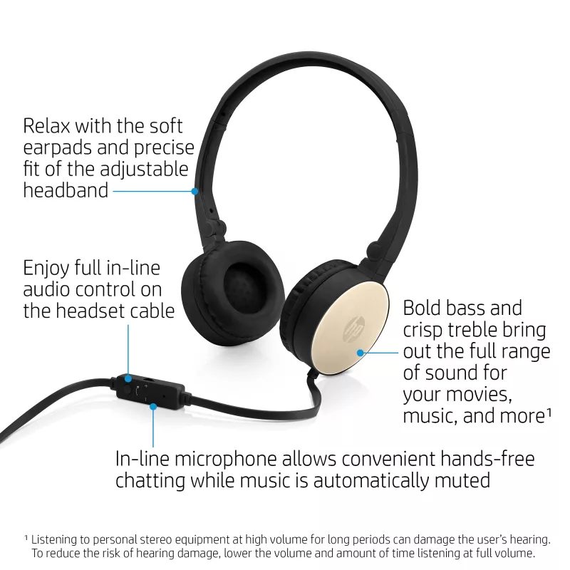 HP headset estéreo H2800 (preto com dourado seda), com fios, chamadas/música, 125 g, headset, preto, dourado