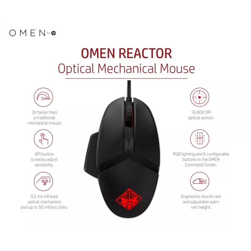 Rato HP OMEN by Reactor, destro, ótico, USB Type-A, 16000 DPI, 0,2 ms, preto