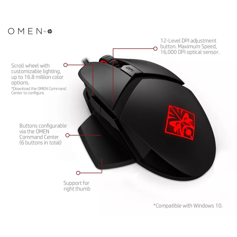Rato HP OMEN by Reactor, destro, ótico, USB Type-A, 16000 DPI, 0,2 ms, preto