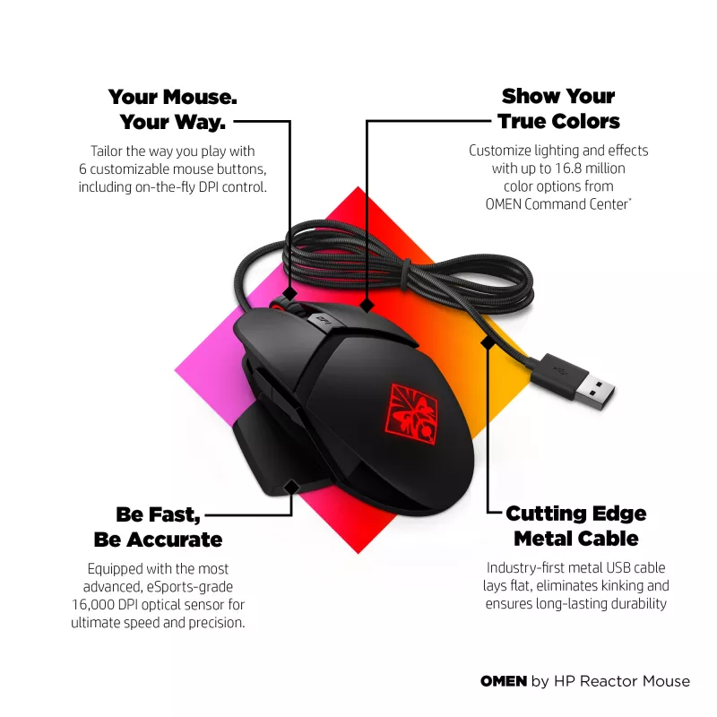Rato HP OMEN by Reactor, destro, ótico, USB Type-A, 16000 DPI, 0,2 ms, preto