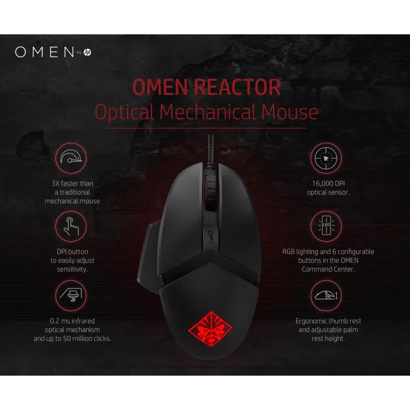 Rato HP OMEN by Reactor, destro, ótico, USB Type-A, 16000 DPI, 0,2 ms, preto
