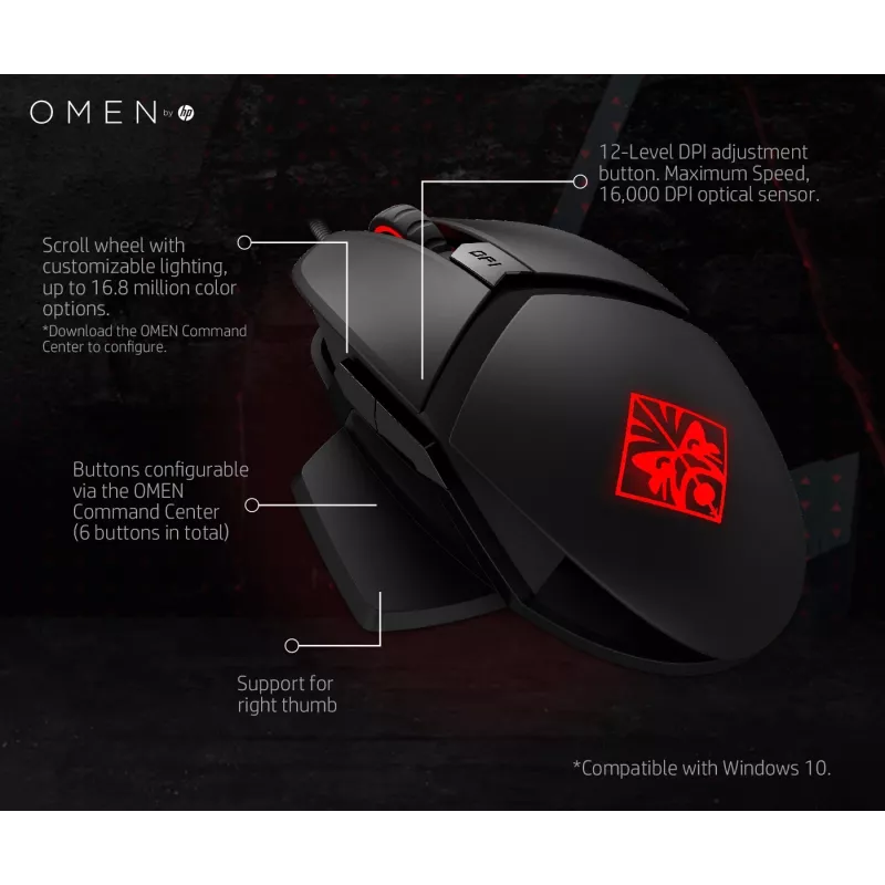 Rato HP OMEN by Reactor, destro, ótico, USB Type-A, 16000 DPI, 0,2 ms, preto
