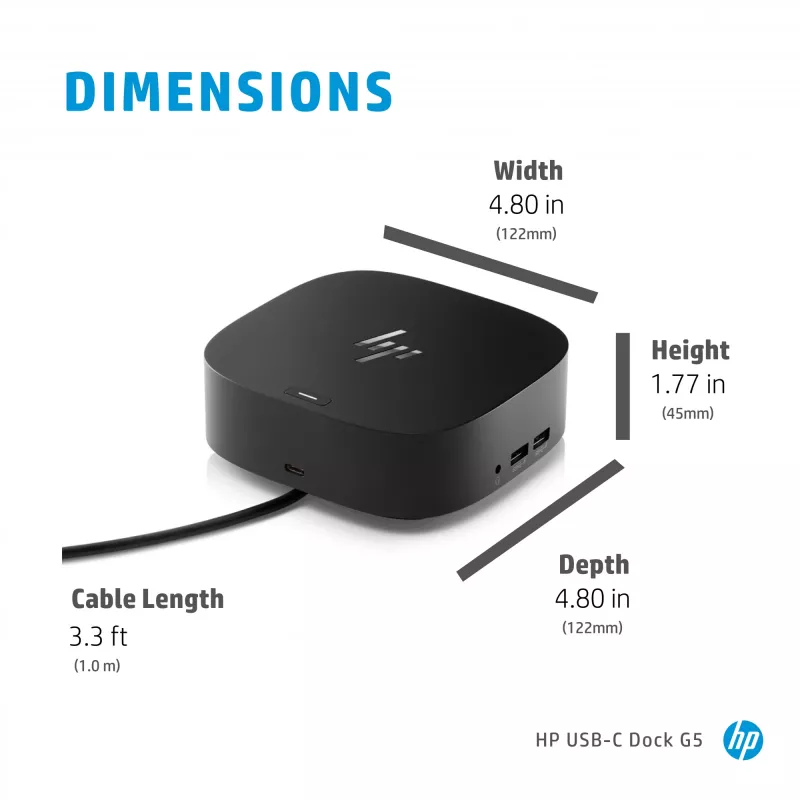 HP USB-C Dock G5, com fios, USB 3.2 Gen 1 (3.1 Gen 1) Type-C, preto, preto, China, Tailândia, México, HP